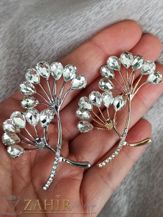 Дамски бижута - Кристална брошка с цветя с бели камъчета на сребриста или златиста основа, размер 6 на 4 см, супер изработка- B1328